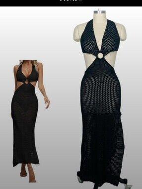 Black Crochet Cutout Maxi Swim Cover-Up Dress